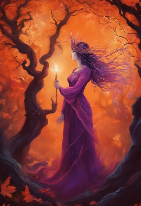 "(best quality, highres, ultra-detailed), The goddess casting mystical glowing spells in a haunted forest, orange and purple hues, portraits, vivid colors, extreme detail description, sharp focus, physically-based rendering, studio lighting, horror, witch,...