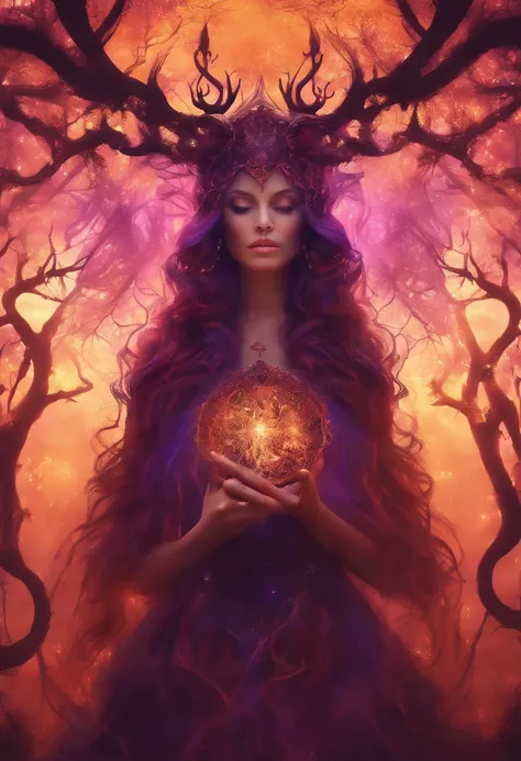 "(best quality, highres, ultra-detailed), The goddess casting mystical glowing spells in a haunted forest, orange and purple hues, portraits, vivid colors, extreme detail description, sharp focus, physically-based rendering, studio lighting, horror, witch,...