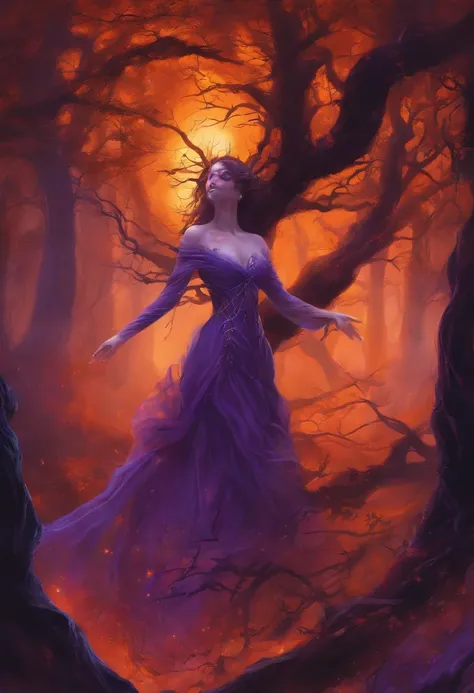 "(best quality, highres, ultra-detailed), The goddess casting mystical glowing spells in a haunted forest, orange and purple hues, portraits, vivid colors, extreme detail description, sharp focus, physically-based rendering, studio lighting, horror, witch,...