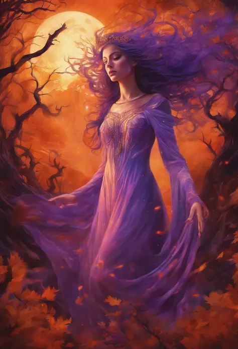 "(best quality, highres, ultra-detailed), The goddess casting mystical glowing spells in a haunted forest, orange and purple hues, portraits, vivid colors, extreme detail description, sharp focus, physically-based rendering, studio lighting, horror, witch,...