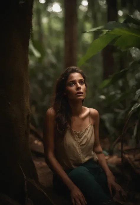 a girl in a jungle, Photo realistic, Day 15 of drifting, beautiful detailed eyes and lips, full body wide shot, she looks up at the sky, depressed expression, dirty body, sink down to the ground, draped in rags, dark and gloomy background, HDR, distressed ...