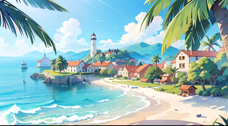 (best quality,4k,8k,highres,masterpiece:1.2),ultra-detailed,(realistic,photorealistic,photo-realistic:1.37),picture book illustration,ocean fantasy,watercolor illustration,extravagant and warm colors,village,houses,palm trees,huge lighthouse,highly detaile...