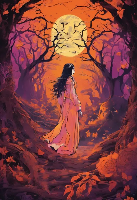 "(best quality, highres, ultra-detailed), The goddess casting mystical glowing spells in a haunted forest, orange and purple hues, portraits, vivid colors, extreme detail description, sharp focus, physically-based rendering, studio lighting, horror, witch,...