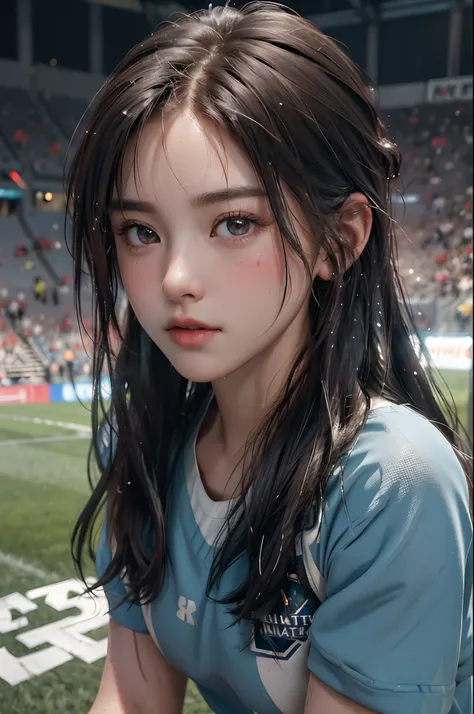 (Best Quality,8K,hight resolution,masuter piece:1.2),Ultra-detailed,Realistic:1.37,Portrait,rugby,Teenage girl,small head,Cute,Sporty,Charming face,Detailed beauty face,Very realistic skin,Wet skin,Sweat,Large breasts,Narrow waist,nice legs ,Sporty,Rugby A...