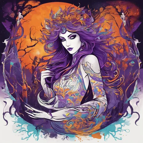 "(best quality, highres, ultra-detailed), The goddess casting mystical glowing spells in a haunted forest, orange and purple hues, portraits, vivid colors, extreme detail description, sharp focus, physically-based rendering, studio lighting, horror, witch,...