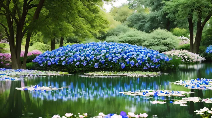 ((no human)) A breathtaking blue twilight garden, adorned with delicate blue roses and vibrant blue orchids. The petals glisten with a touch of dew, reflecting the soft moonlight. The garden is surrounded by elegant blue marble statues and adorned with spa...