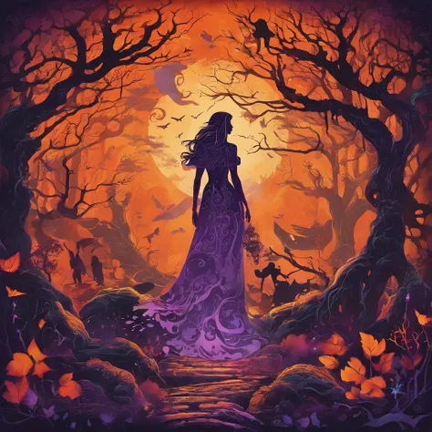 "(best quality, highres, ultra-detailed), The goddess casting mystical glowing spells in a haunted forest, orange and purple hues, portraits, vivid colors, extreme detail description, sharp focus, physically-based rendering, studio lighting, horror, witch,...