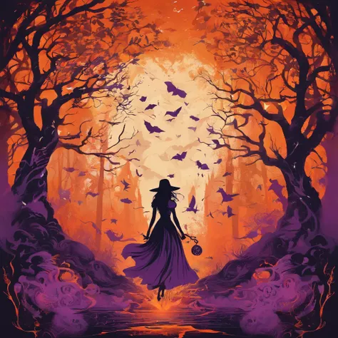 "(best quality, highres, ultra-detailed), The goddess casting mystical glowing spells in a haunted forest, orange and purple hues, portraits, vivid colors, extreme detail description, sharp focus, physically-based rendering, studio lighting, horror, witch,...