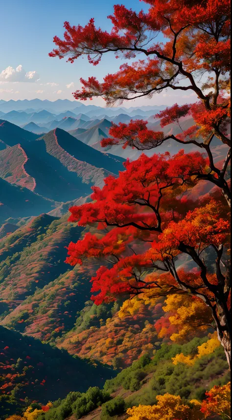 Autumn in Fragrant Hills, Chestnut leaves all over the mountains,Red as flames,It is dark purplish red.Pines and cypresses are dotted in between,Red and green,Wonderful.