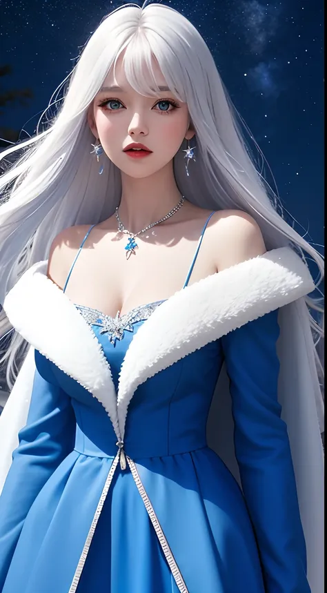 a cartoon picture of a woman in a blue dress with a white cape, silver hair,long hair, ornament hair,standing ,night sky