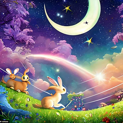 finest image, fantasy, deformed, cute, detailed and delicate depiction, a beautiful big rainbow shining in the night sky, cute s...