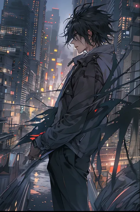 1man,masterpiece,best quality, ultra high res, dusk,cityscape,depth of field, short black messy hair, solo male