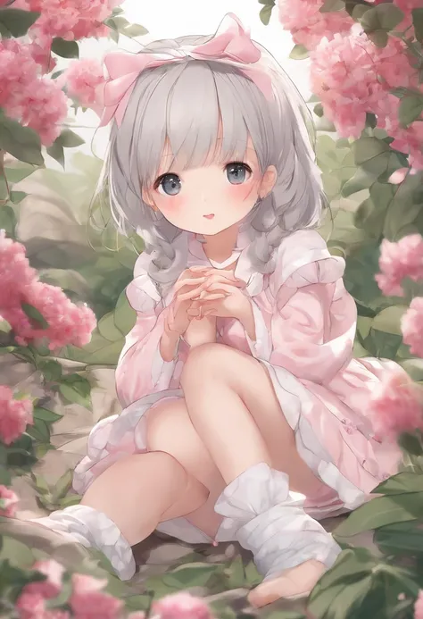 masutepiece, Best Quality, super detailed, Illustration, Beautiful detailed eyes, close up, girl with. I have gray hair, pink bows, White pajamas. Squatting on the ground、Chrumming through the clothes basket