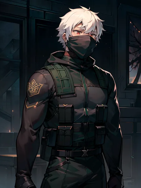 1boy, elite soldier, wearing dark green sweatshirt, (dark atmosphere:1.2), (dark green sweatshirt:1.4), red irises, white hair, (anime art:1.3), strong and tall man, ultra detailed, (strong young man:1.4), high quality, (black balaclava:1.2), black hood