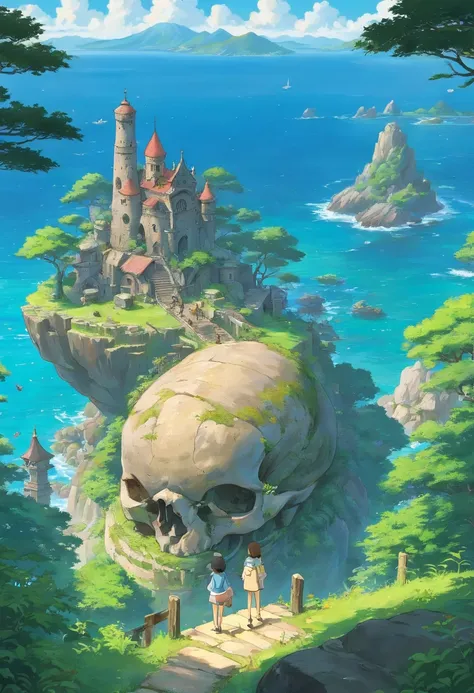 Stand on the skull of a sea beast，Look into the distance，The background is scattered islands，There are various ruins on the island，Overlooking the perspective，Thunder in the sky，Lost relics，first person perspective，top-quality，8K