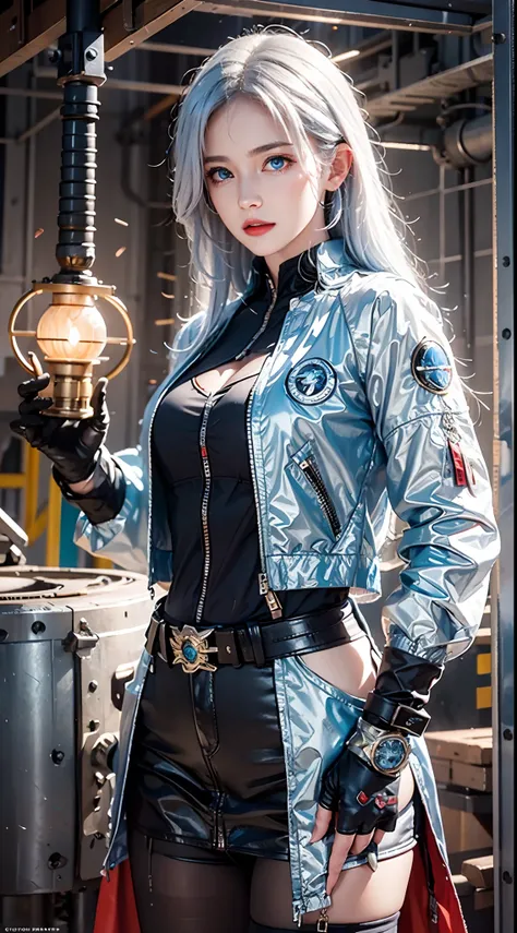 photorealistic, masterpiece, photorealistic, high resolution, soft light, waist up, blue eyes, white hair, long hair, color leather vest with gears, techwear, jetpack, workshop in background, machines, gears, steam, industry, technology, furnace, grime, an...