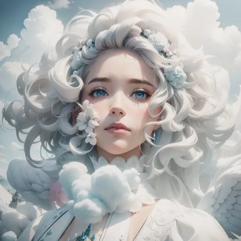 Cotton Candy Queen Women Goddess 8k Resolution Rendered Hyper Realistic Intricate Detail lives in an frosty ice bubble, a fanciful place filled with castles, cotton candy, swans lakes and fluffy clouds, An intricate visual representation of computer progra...