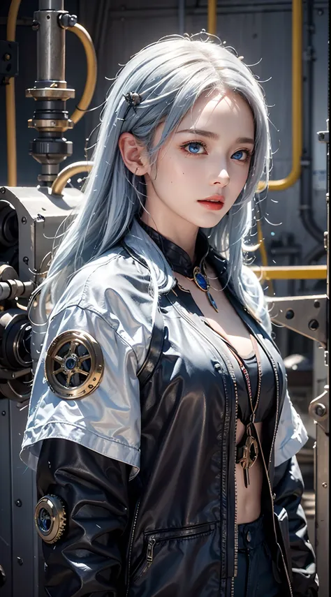 photorealistic, masterpiece, photorealistic, high resolution, soft light, waist up, blue eyes, white hair, long hair, color leather vest with gears, techwear, jetpack, workshop in background, machines, gears, steam, industry, technology, furnace, grime, an...