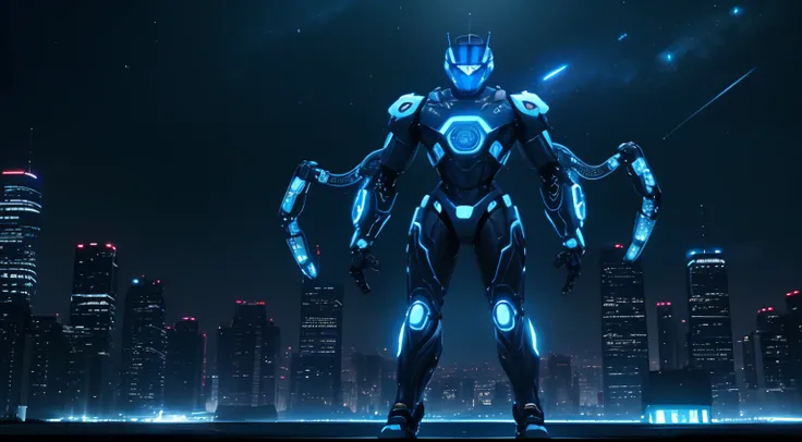 a person wearing a robot suit with 4 mechanical arms and blue glows surrounding them, creating an impressive, night sky with lights The city as a background creates a dramatic space, (full body)