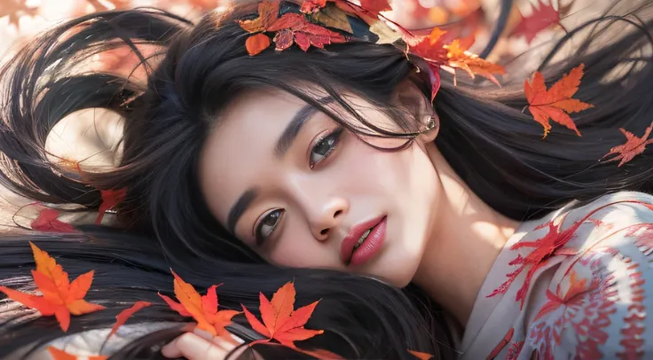 32K autumn view（tmasterpiece，k hd，hyper HD，32K）Long flowing black hair，ponds，zydink， a color， Autumn （Sexy girl nipple）， （Blue and white silk scarf）， Combat posture， looking at the ground， long whitr hair， Floating hair， Carp pattern headdress， Chinese lon...