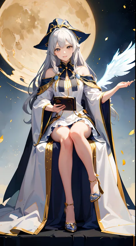 Full-body, silver-haired young girl, golden eyes, angelic body, and white witch robe with a mini skirt, wield a book, wear a cloak and witch hat, sitting on the throne of golden sun, white wings, heavenly sun, and dawn background scene, the magic circle wi...