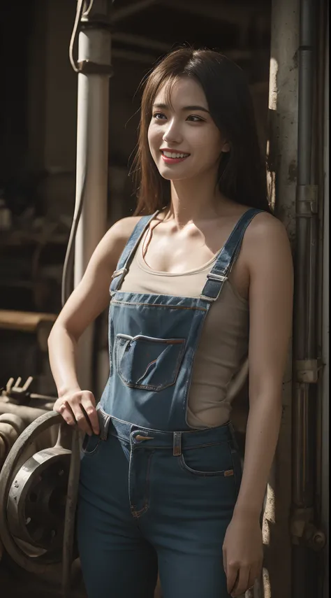 ((Best Quality)), ((masutepiece)), (Detailed), Seductive and attractive female mechanic covered in grease,Confident smile，Look into the camera，(Dirty and rugged charm:1.2), (Tough and confident attitude:1.1), (Machine expertise:1.3), disheveled hair, Dirty...