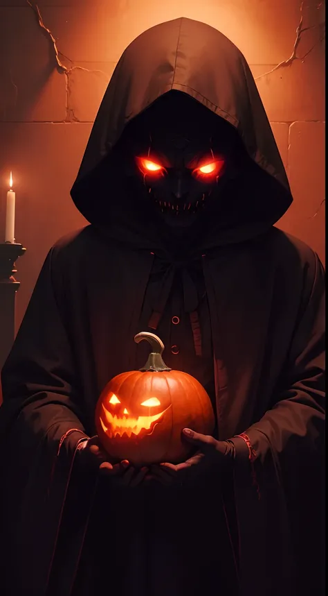 (masterpiece), (image cover), 1600s, a creepy male demonic shadow, pumpkin head, wearing a hood, its dark, glowing red eyes, night time, fall weather, horror, demonic, evil, hell, dark room