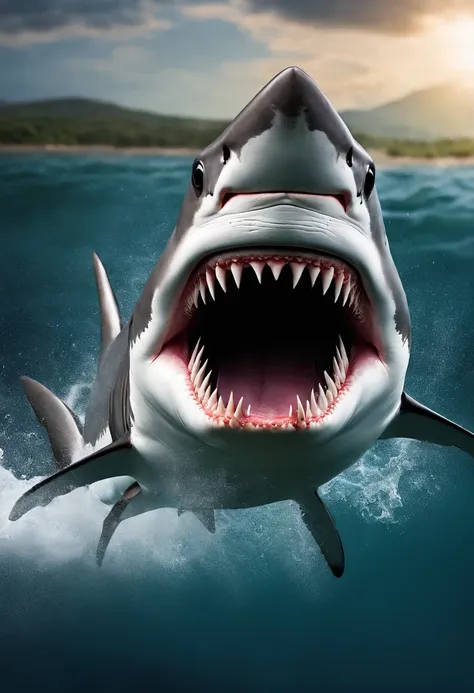 Sharks jumping out of the water，with a huge mouth open，dentes pontiagudos，ferocious，Splashes，Kamoud HD picture