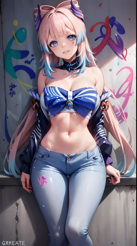 Sangonomiya Kokomi|genshin impact, master-piece, bestquality, 1girls,25 years old, shorts jeans, oversized breasts, ,bara, crop top, shorts jeans, choker, (Graffiti:1.5), Splash with purple lightning pattern., arm behind back, against wall, View viewers fr...