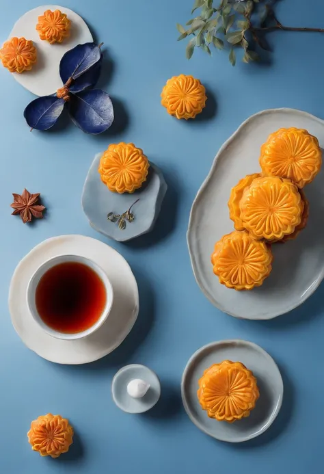 Mid-Autumn Festival，delicacies{{Moon cake}}，Tea，Full moon in the distance，Background of blue gradient，Anatomically correct，High quality, Best quality, A high resolution