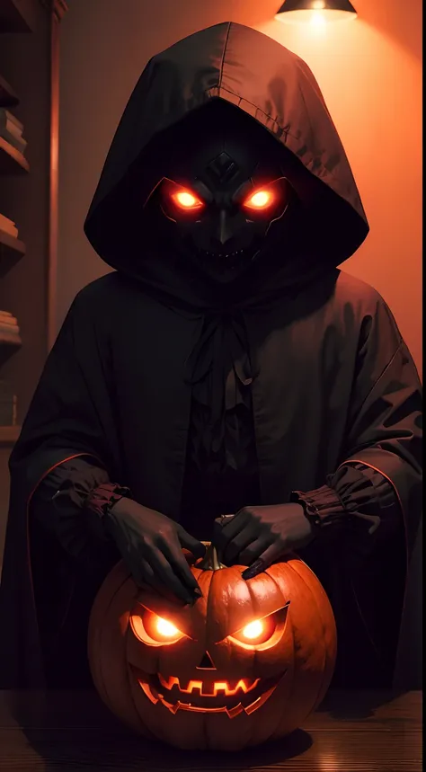 (masterpiece), (image cover), 1600s, a creepy male demonic shadow, pumpkin head, wearing a hood, its dark, glowing red eyes, night time, fall weather, horror, demonic, evil, hell, dark room