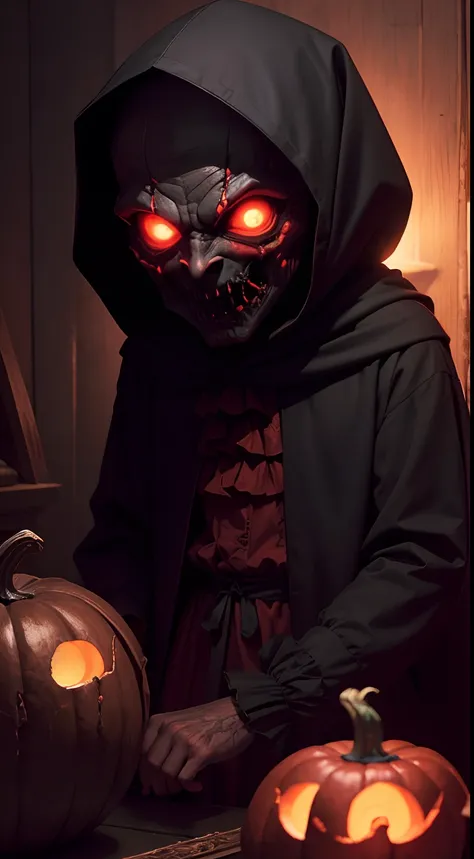 (masterpiece), (image cover), 1600s, a creepy male demonic shadow, pumpkin head, wearing a hood, its dark, glowing red eyes, night time, fall weather, horror, demonic, evil, hell, dark room