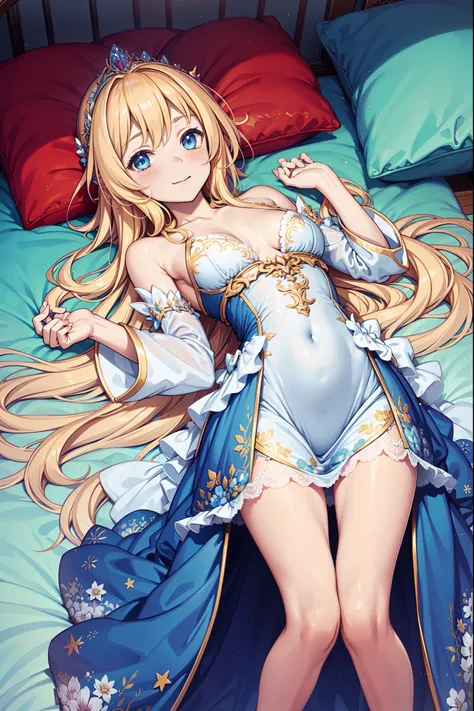 teens girl，divino，Enchanted，having fun，Being in love，blond hairbl，pale robe，intricate detailed clothes，Pattern，Princess Crown，A small amount of lace，swim wears，Bedrooms，solo person，the night，(Lie down)，pillow head