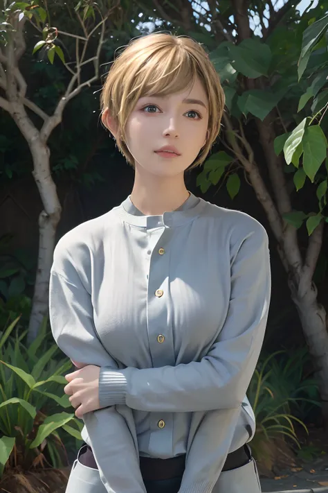 (masuter piece:1.3)、(8K、Photorealsitic、Raw photography、top-quality: 1.4)、(1girl in)、beautiful countenance、(Lifelike face)、(platinum-blonde-hair、a pixie cut:1.3)、Beautiful hairstyle、realisticeyes、Beautiful details、（real looking skin）、Beautiful skins、（The sh...