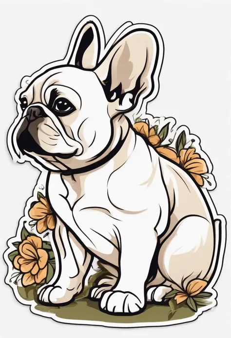 sticker design with outline, a cartoon and simple french Bulldog, vector, illustration, white background, quality 300 DPI.