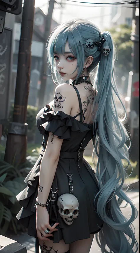 Adornos para el cabello、piercings、tatuaje、godo_punk, 1chica en, solo,、highest qualityr, fotorrealista, Unas ilustraciones ultrafinas, Hermosa chica de anime atractiva,(mini vestido:1.4),  Miku hatsune, cuerpo delgado, cabello atado, a  girl, A picture of a...