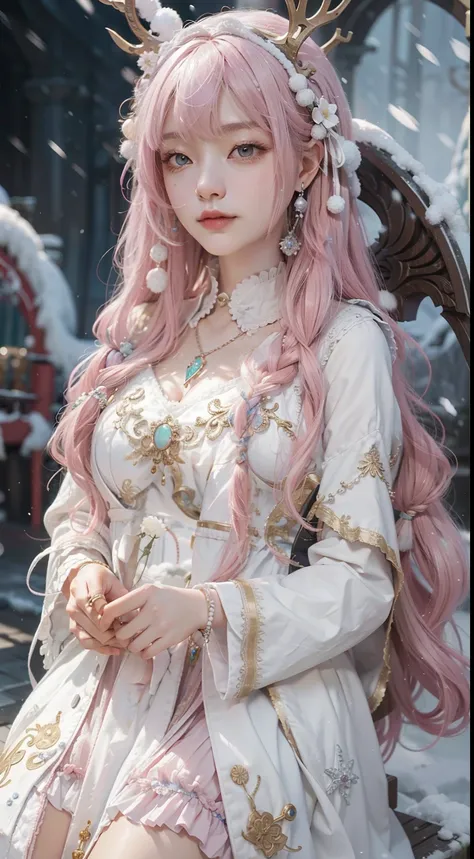 Works of masters，Best image quality，8K分辨率，Sitting，solo person，femele，ssmile，long whitr hair，Pink hair，crossed bangs，Wave head，Bracelet，Collar，pendant，Lolita costume，snowflower，Winters，Temple，New Year，Opal rendering，Cinematic lighting，(Heavy snow，cloaks)，