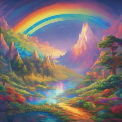 Radiant Resonance: A Meditative Rainbow Journey. A serene and vibrant landscape where light and consciousness intersect. As you gaze upon a majestic rainbow, allow its colors to resonate with your inner world, illuminating the depths of your being.