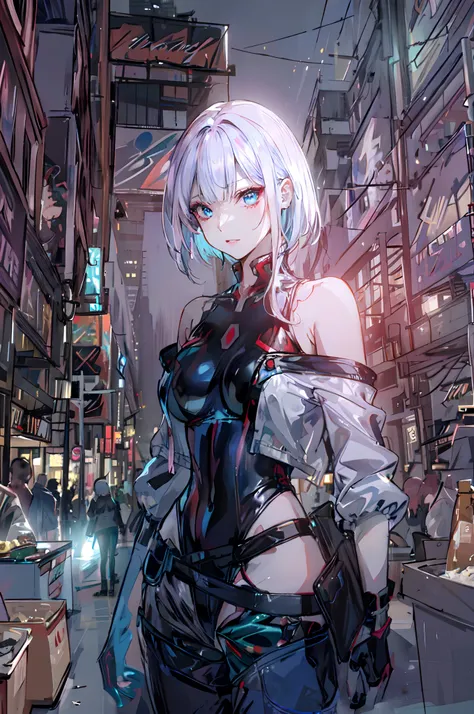 cyberpunk edgerunners, 1girl, bare shoulders, blue eyes, breasts, leotard, looking at viewer, medium breasts, off-shoulder jacket, off shoulder, red eyeliner, short hair, sleeveless turtleneck leotard, solo, turtleneck leotard, white hair, ((masterpiece)),...