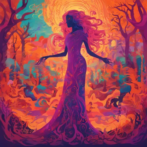 "(best quality, highres, ultra-detailed), The goddess casting mystical glowing spells in a haunted forest, orange and purple hues, portraits, vivid colors, extreme detail description, sharp focus, physically-based rendering, studio lighting, horror, witch,...