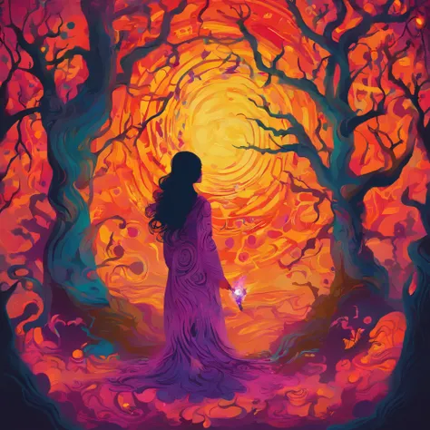 "(best quality, highres, ultra-detailed), The goddess casting mystical glowing spells in a haunted forest, orange and purple hues, portraits, vivid colors, extreme detail description, sharp focus, physically-based rendering, studio lighting, horror, witch,...