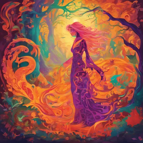 "(best quality, highres, ultra-detailed), The goddess casting mystical glowing spells in a haunted forest, orange and purple hues, portraits, vivid colors, extreme detail description, sharp focus, physically-based rendering, studio lighting, horror, witch,...