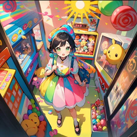 Candy shop、arcade game、(​masterpiece、top-quality)、(colourfull:1.4)、From  above、独奏、One girl standing in store with many stuffed animals and bags of things on the shelf、depth of fields、fish-eye lens、Lunette de soleil