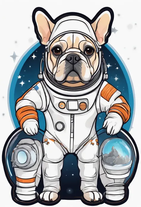 sticker design with outline, a cartoon and simple french Bulldog,french bulldog wear space suit, vector, illustration, white background, quality 300 DPI.