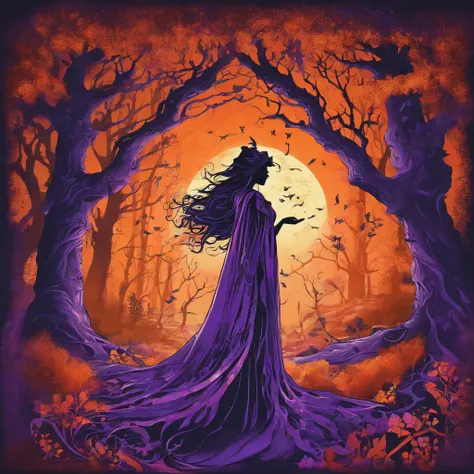 "(best quality, highres, ultra-detailed), The goddess casting mystical glowing spells in a haunted forest, orange and purple hues, portraits, vivid colors, extreme detail description, sharp focus, physically-based rendering, studio lighting, horror, witch,...