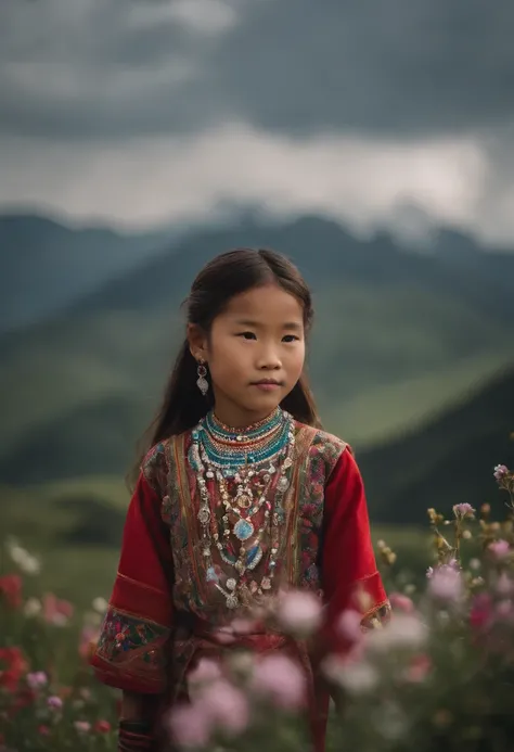 A cute 8-year-old Miao kid, wearing traditional silver jewelry and colorful embroidered clothing, stands amidst the blooming wildflowers. In the background, a misty blue mountain range extends towards the horizon, with Anne Leibowitzs memorable intimate wo...