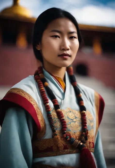 A beautiful Tibetan girl wearing Tibetan clothing stands in front of Potala Palace,confidence,boken,depth of field,side-angle-view,medium close up,cinematic shot,high detail face,ultra high definition,best quality