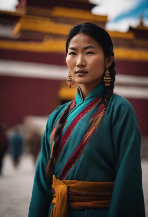 A beautiful Tibetan girl wearing Tibetan clothing stands in front of Potala Palace,confidence,boken,depth of field,side-angle-view,medium close up,cinematic shot,high detail face,ultra high definition,best quality