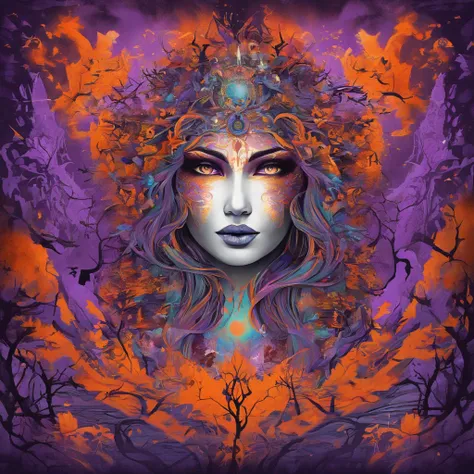 "(best quality, highres, ultra-detailed), The goddess casting mystical glowing spells in a haunted forest, orange and purple hues, portraits, vivid colors, extreme detail description, sharp focus, physically-based rendering, studio lighting, horror, witch,...