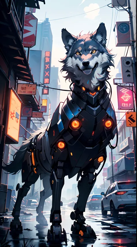 (((A mechanical wolf,cyborg wolf,cyborg-wolf,animal,wolf robot))),no human,detailed wolf,intricate mechanic wolf,robot animal,

(dynamic pose:1.0),solo focus,(centered,scale to fit dimensions,Rule of thirds),

cyberpunk city by the ocean at night, with bri...